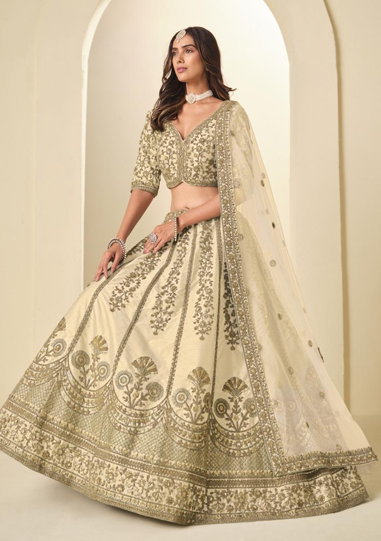 Off White Sequin Work Silk Lehenga Set - Indya