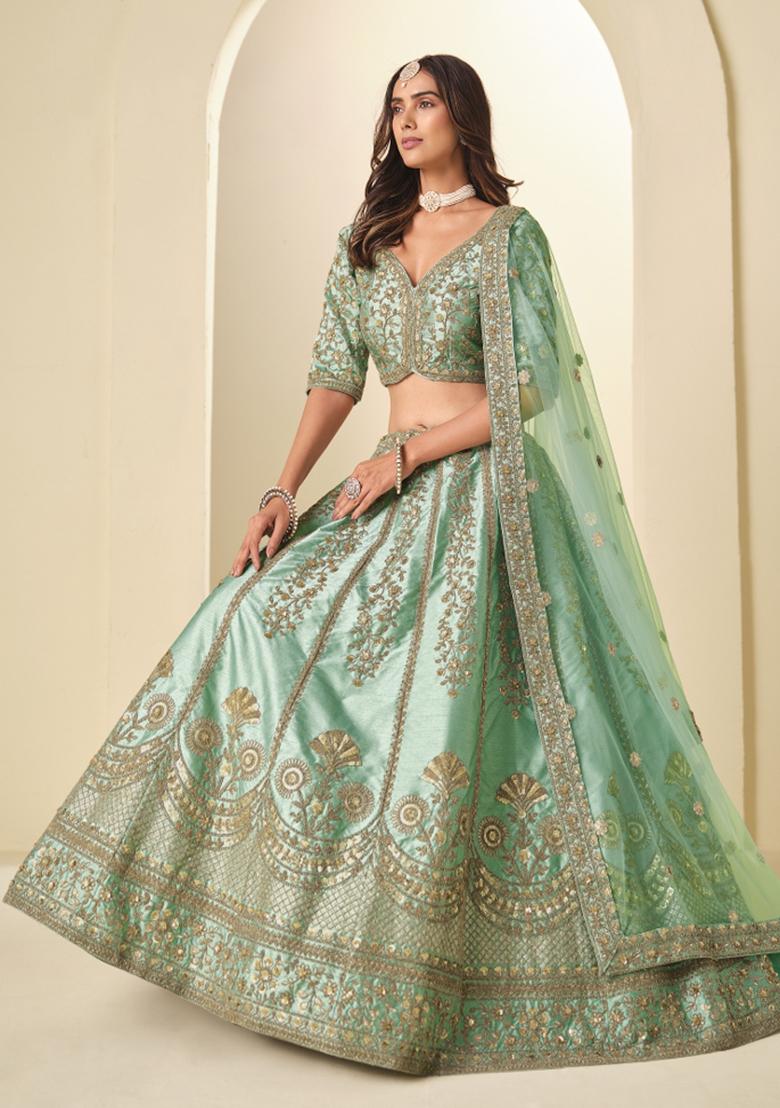 Sea Green Sequin Work Silk Lehenga Set - Indya