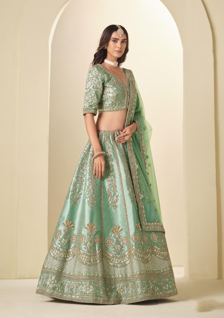 Sea Green Sequin Work Silk Lehenga Set - Indya