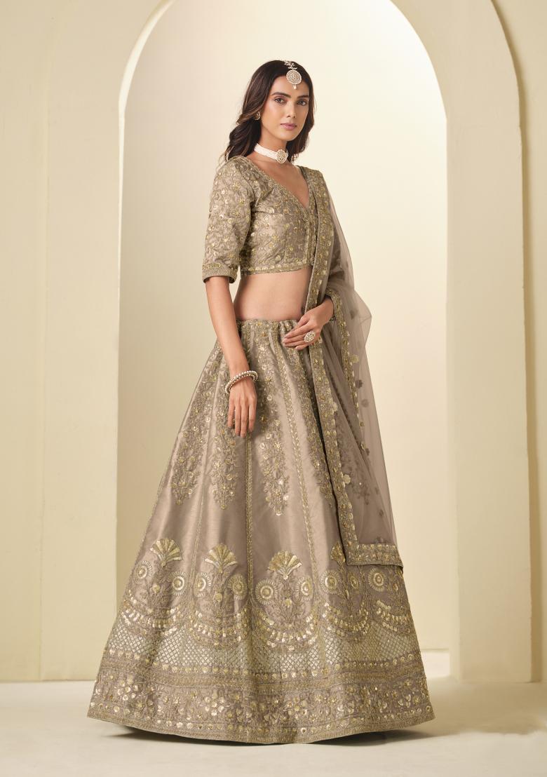 Dark Beige Sequin Work Silk Lehenga Set - Indya