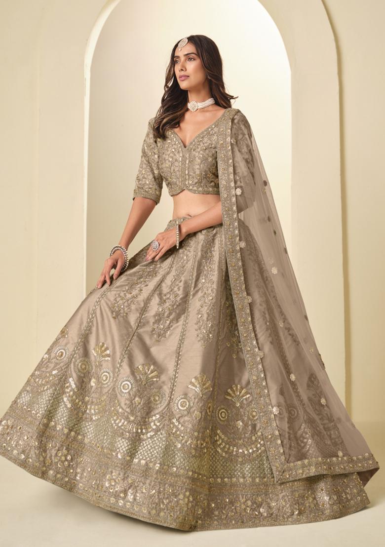 Dark Beige Sequin Work Silk Lehenga Set - Indya