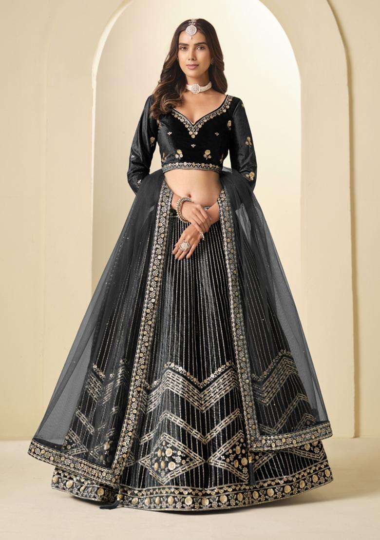 Black Sequin Work Velvet Lehenga Set - Indya