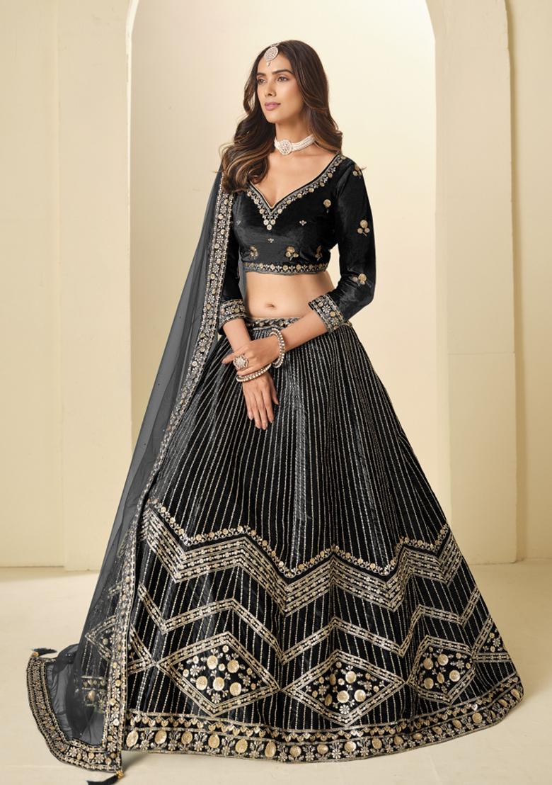 Black Sequin Work Velvet Lehenga Set - Indya