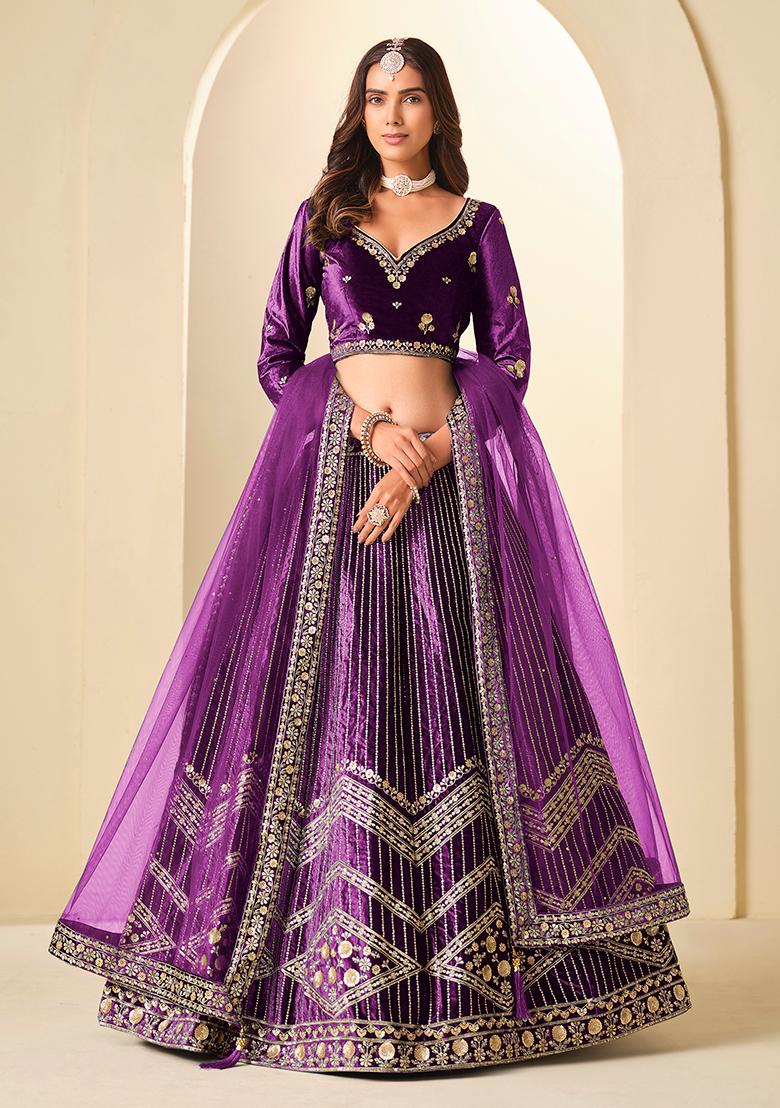 Purple Sequin Work Velvet Lehenga Set - Indya