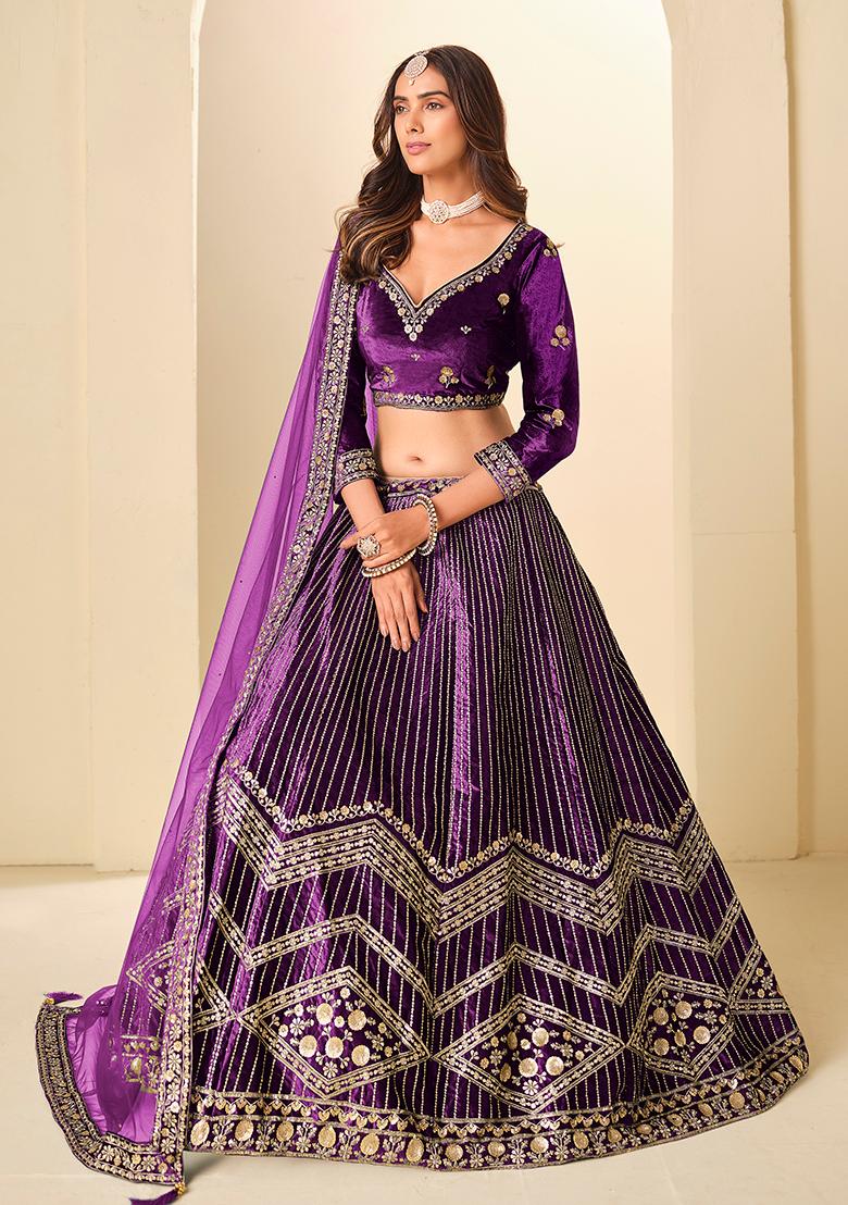 Purple Sequin Work Velvet Lehenga Set - Indya
