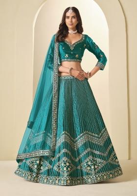 Teal Green Sequin Work Velvet Lehenga Set