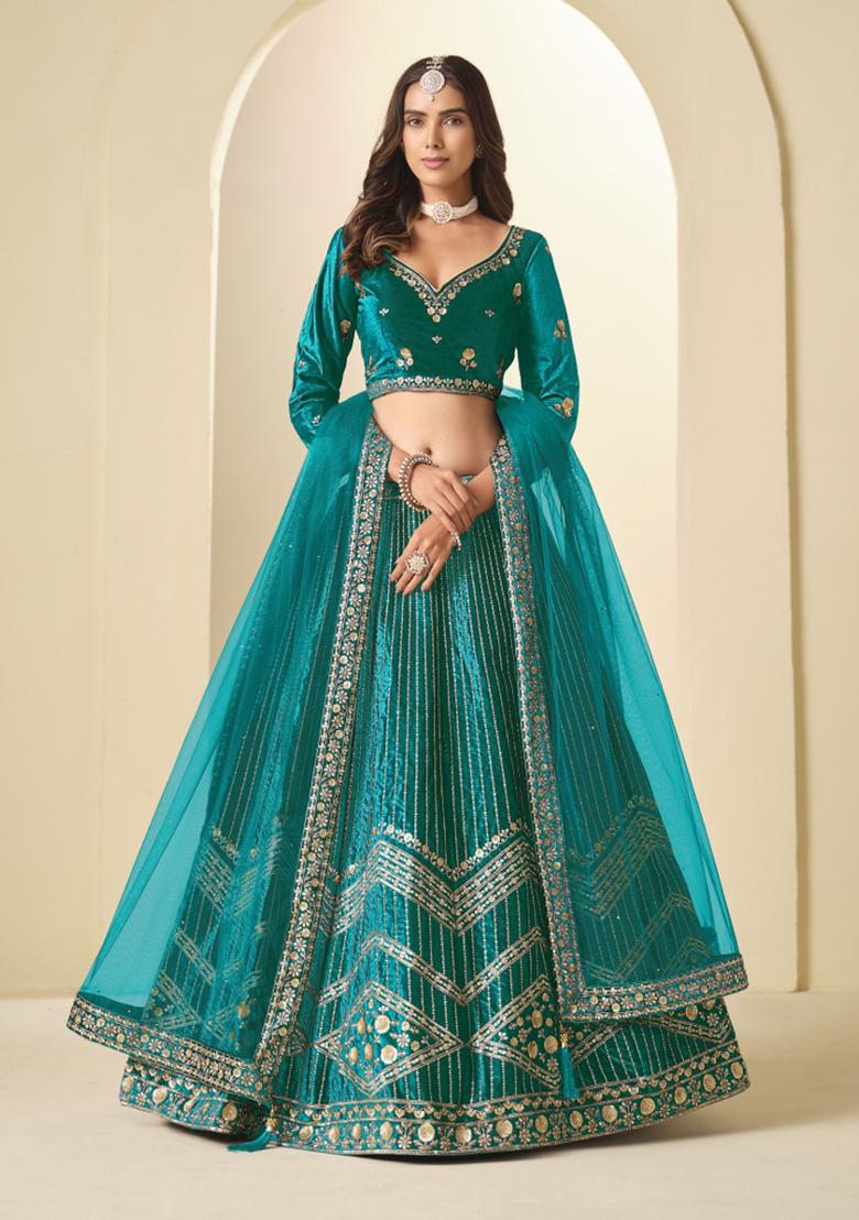Teal Green Sequin Work Velvet Lehenga Set - Indya
