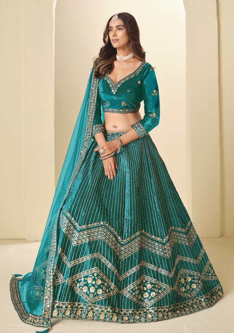Teal Green Sequin Work Velvet Lehenga Set - Indya