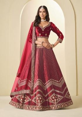 Red Sequin Work Velvet Lehenga Set
