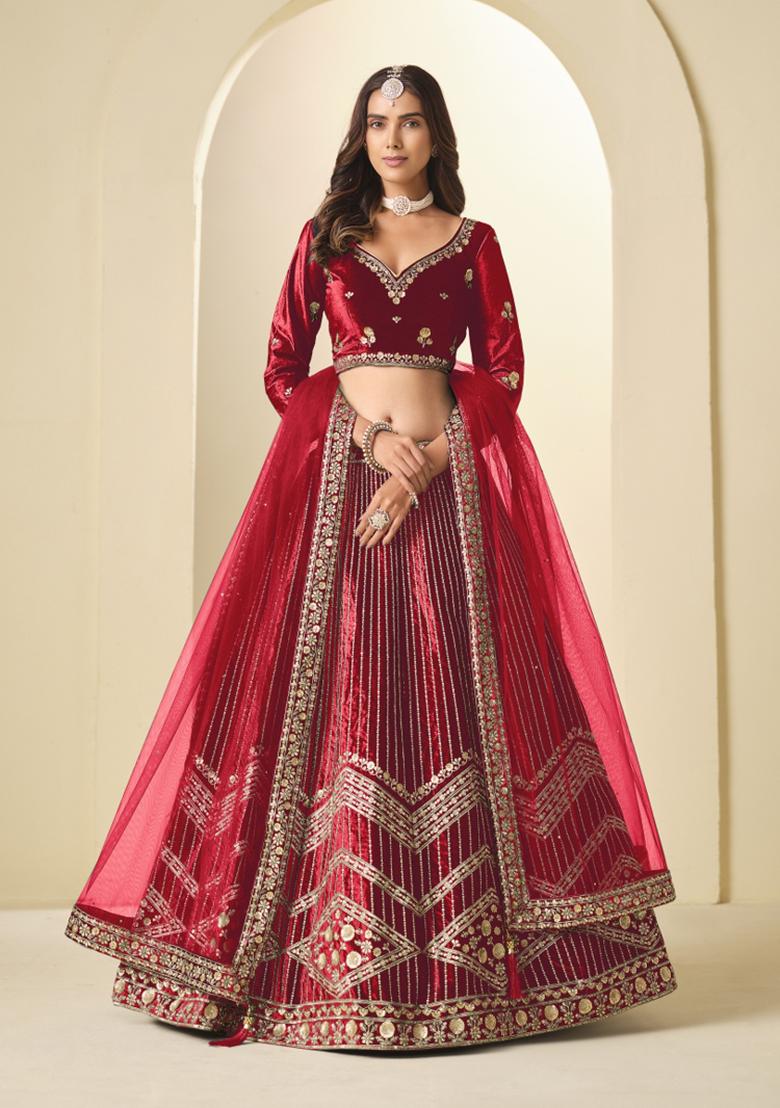 Red Sequin Work Velvet Lehenga Set - Indya