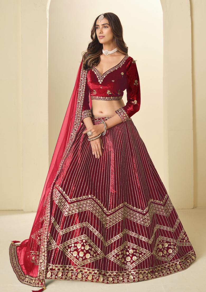 Red Sequin Work Velvet Lehenga Set - Indya