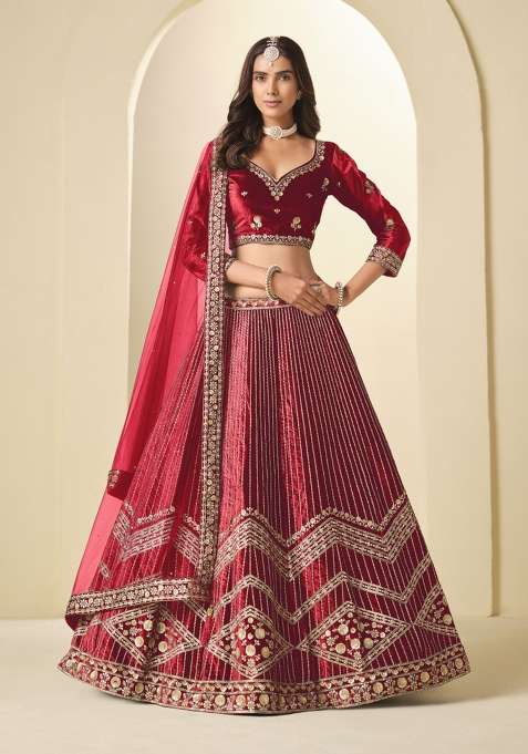 Red Work Velvet Lehenga Set with Sequin for Diwali | Wedding & Festive Wear