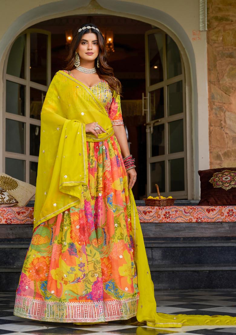 Yellow Sequin Work Silk Lehenga Set - Indya