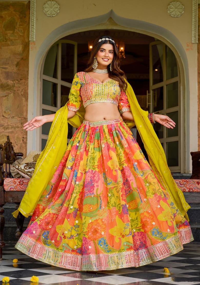 Yellow Sequin Work Silk Lehenga Set - Indya