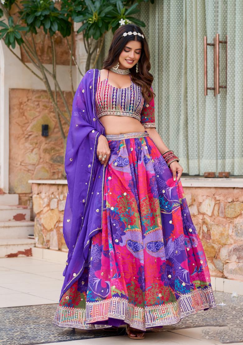Purple Sequin Work Silk Lehenga Set - Indya