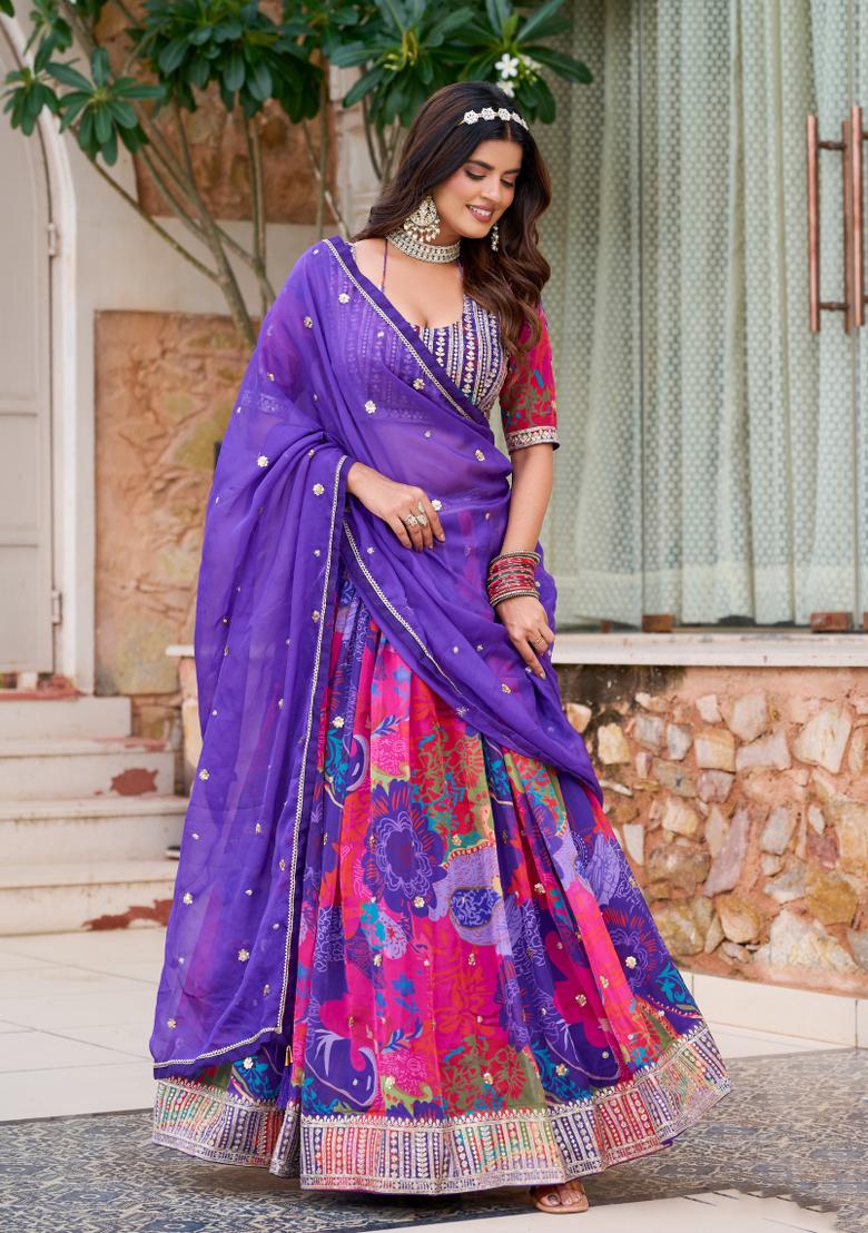 Purple Sequin Work Silk Lehenga Set - Indya