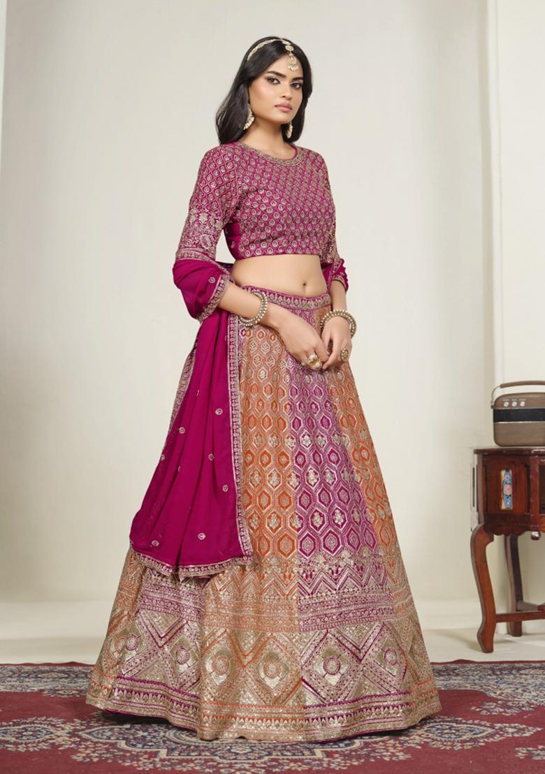 Pink Sequin Work Georgette Lehenga Set - Indya