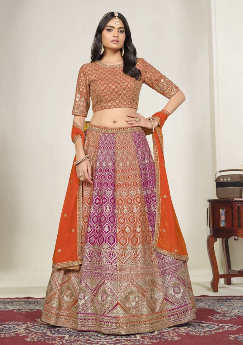 Orange Sequin Work Georgette Lehenga Set for Diwali and Festive Wear - Indya