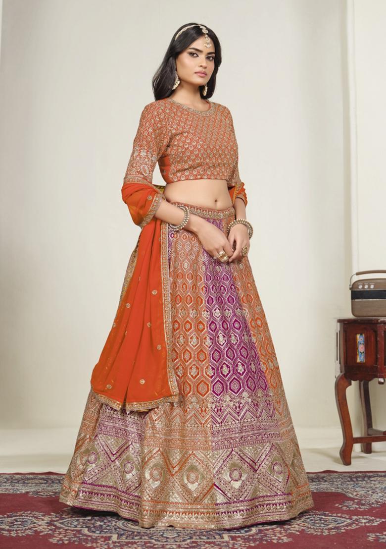 Orange Sequin Work Georgette Lehenga Set - Indya