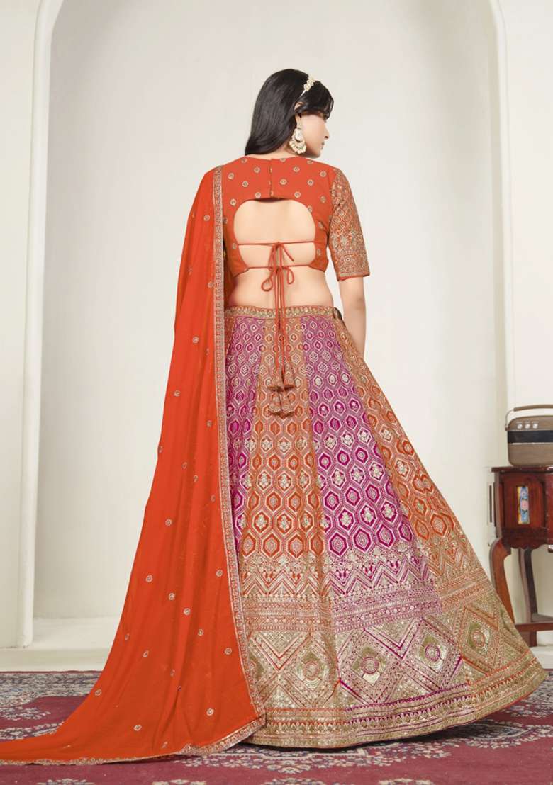 Orange Sequin Work Georgette Lehenga Set for Diwali and Festive Wear - Indya