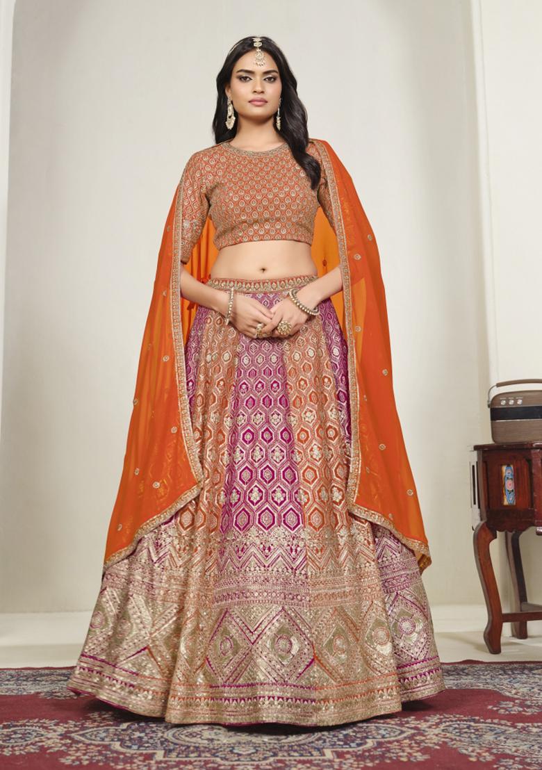 Orange Sequin Work Georgette Lehenga Set - Indya