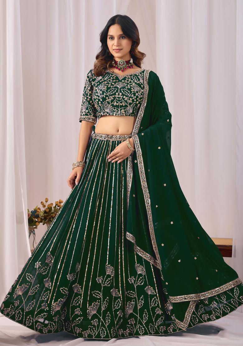 Green Sequin Work Georgette Lehenga Set - Indya