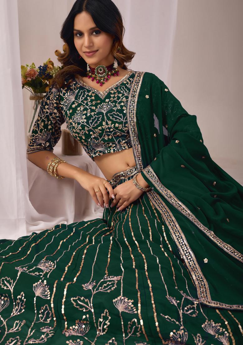 Green Sequin Work Georgette Lehenga Set - Indya