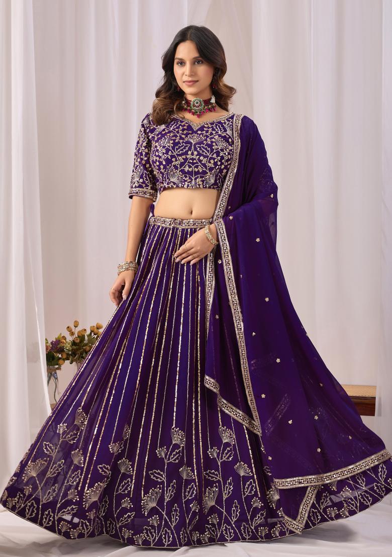 Purple Sequin Work Georgette Lehenga Set - Indya