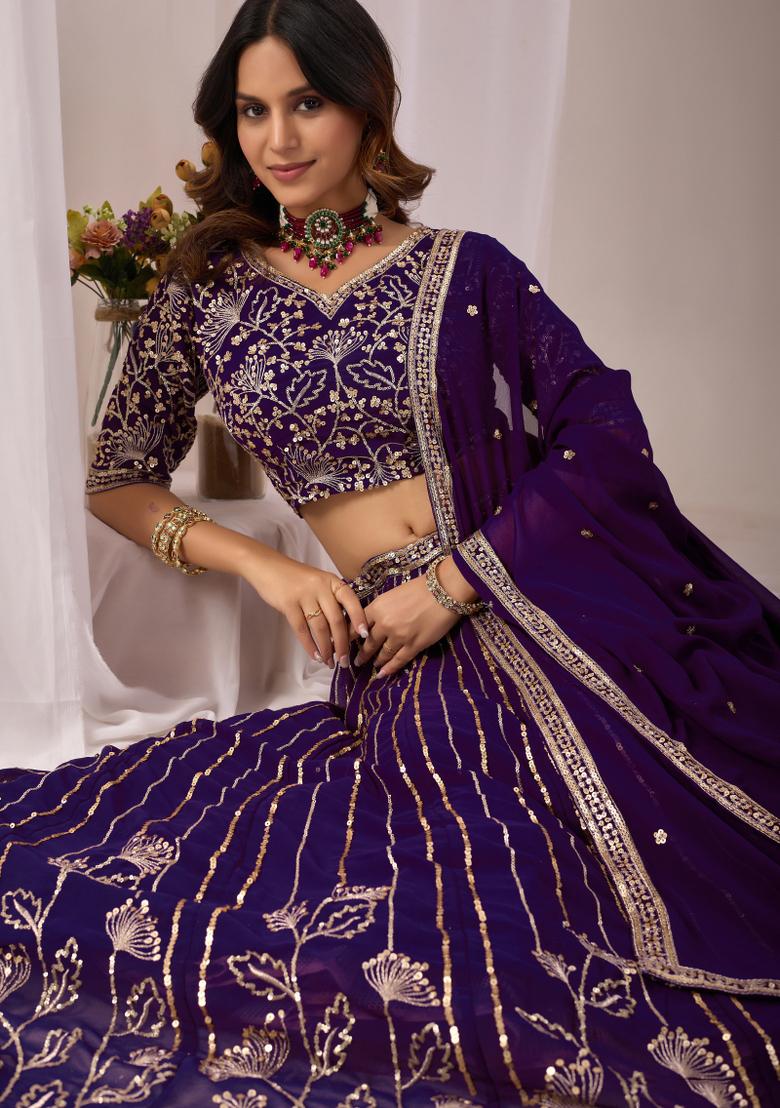 Purple Sequin Work Georgette Lehenga Set - Indya
