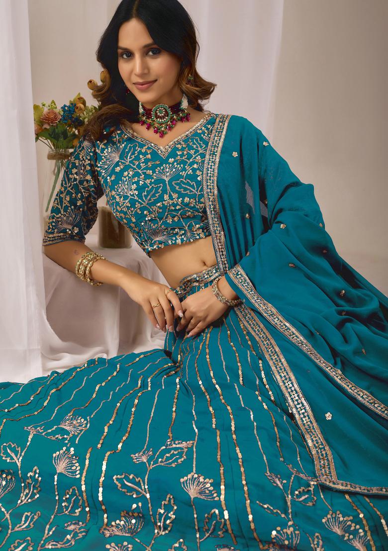 Sky Blue Sequin Work Georgette Lehenga Set - Indya