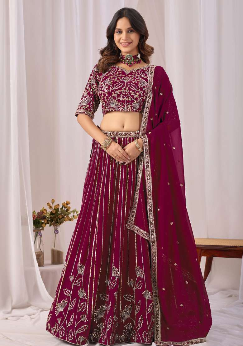 Rani Pink Work Georgette Lehenga Set with Sequin for Diwali | Wedding & Festive Wear - Indya