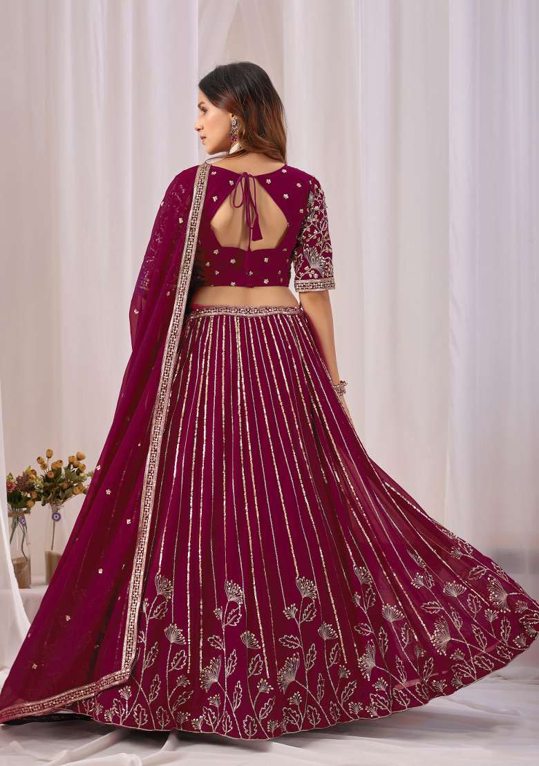Rani Pink Work Georgette Lehenga Set with Sequin for Diwali | Wedding & Festive Wear - Indya