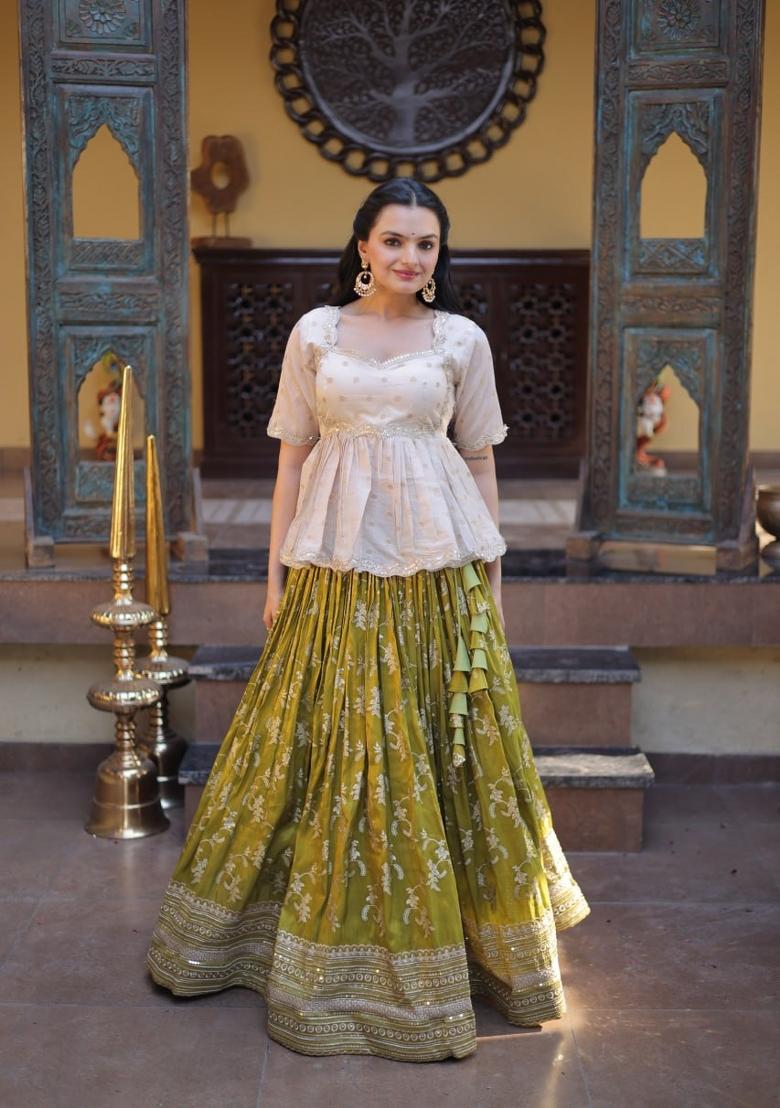 Parrot Sequin Work Viscose Lehenga Set - Indya