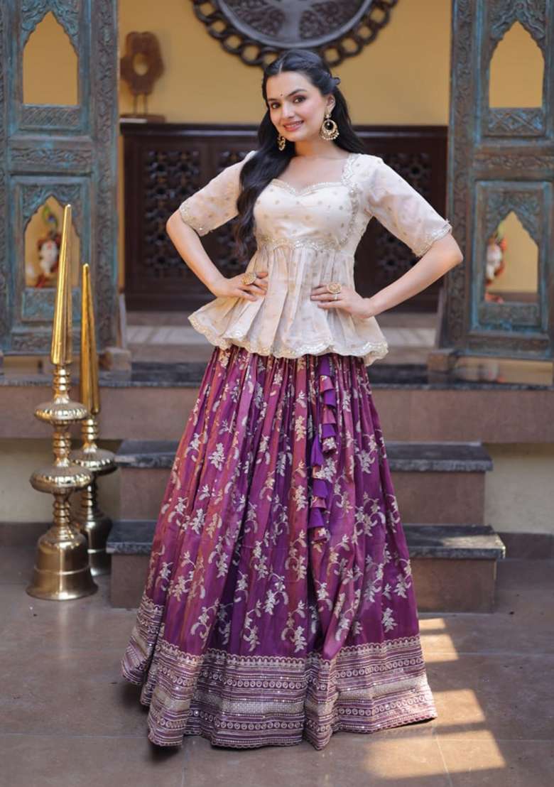 Wine Sequin Work Viscose Lehenga Set - Indya