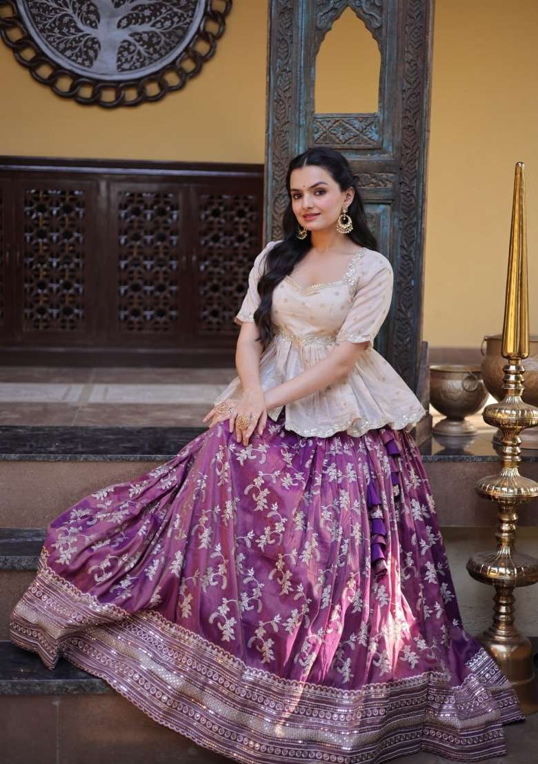 Wine Sequin Work Viscose Lehenga Set - Indya