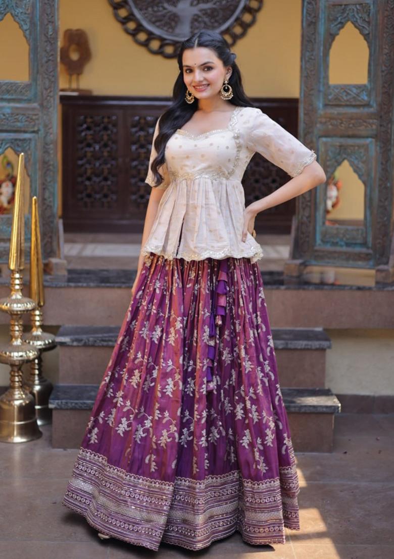 Wine Sequin Work Viscose Lehenga Set - Indya