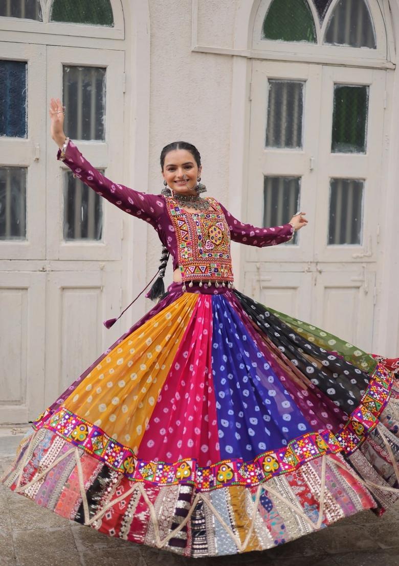 Multicolor Gamthi Work Georgette Lehenga Set - Indya