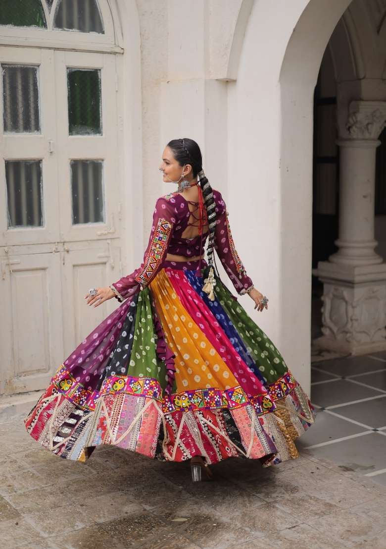 Multicolor Gamthi Work Georgette Lehenga Set for Diwali | Wedding & Festive Wear - Indya