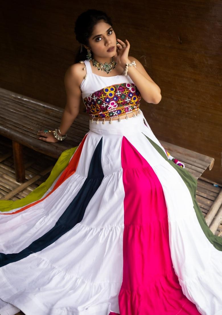 Multicolor Embroidered Cotton Lehenga Set - Indya