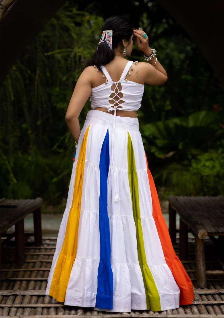 Multicolor Embroidered Cotton Lehenga Set - Indya