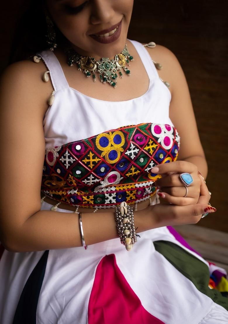 Multicolor Embroidered Cotton Lehenga Set - Indya