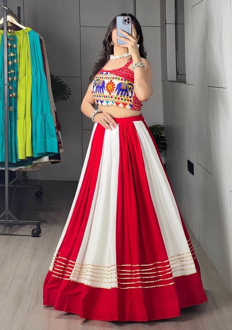 Red And White Gamthi Work Cotton Lehenga Set - Indya