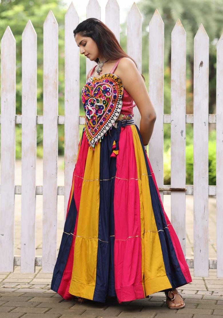 Multicolor Mirror Work Cotton Lehenga Set - Indya
