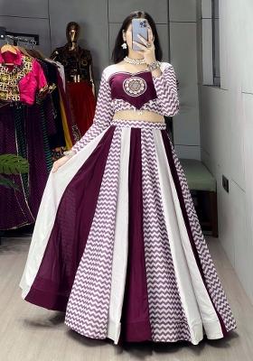 Wine And White Mirror Work Cotton Lehenga Set