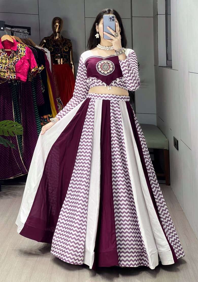 Wine And White Mirror Work Cotton Chaniya Choli Set For Navratri And Garba - Indya