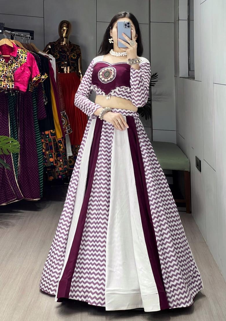 Wine And White Mirror Work Cotton Lehenga Set - Indya