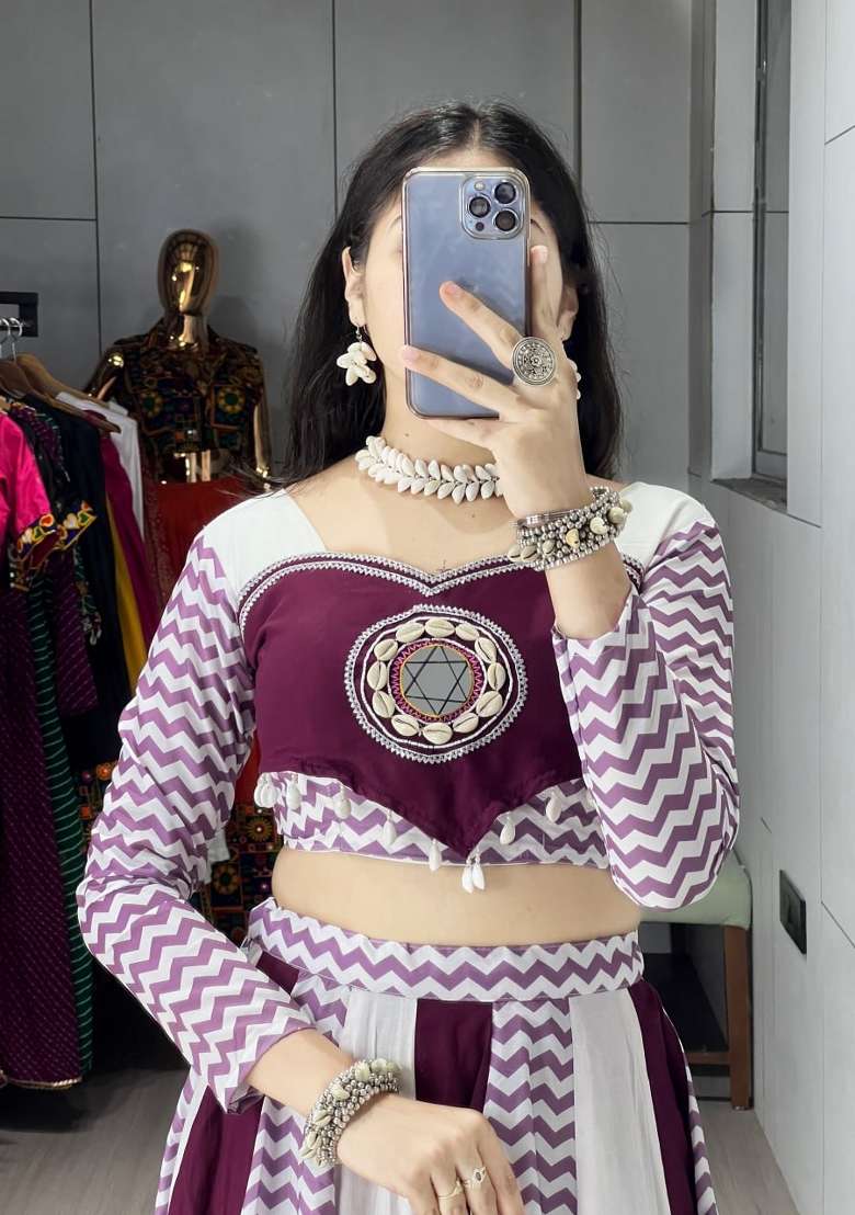 Wine And White Mirror Work Cotton Chaniya Choli Set For Navratri And Garba - Indya