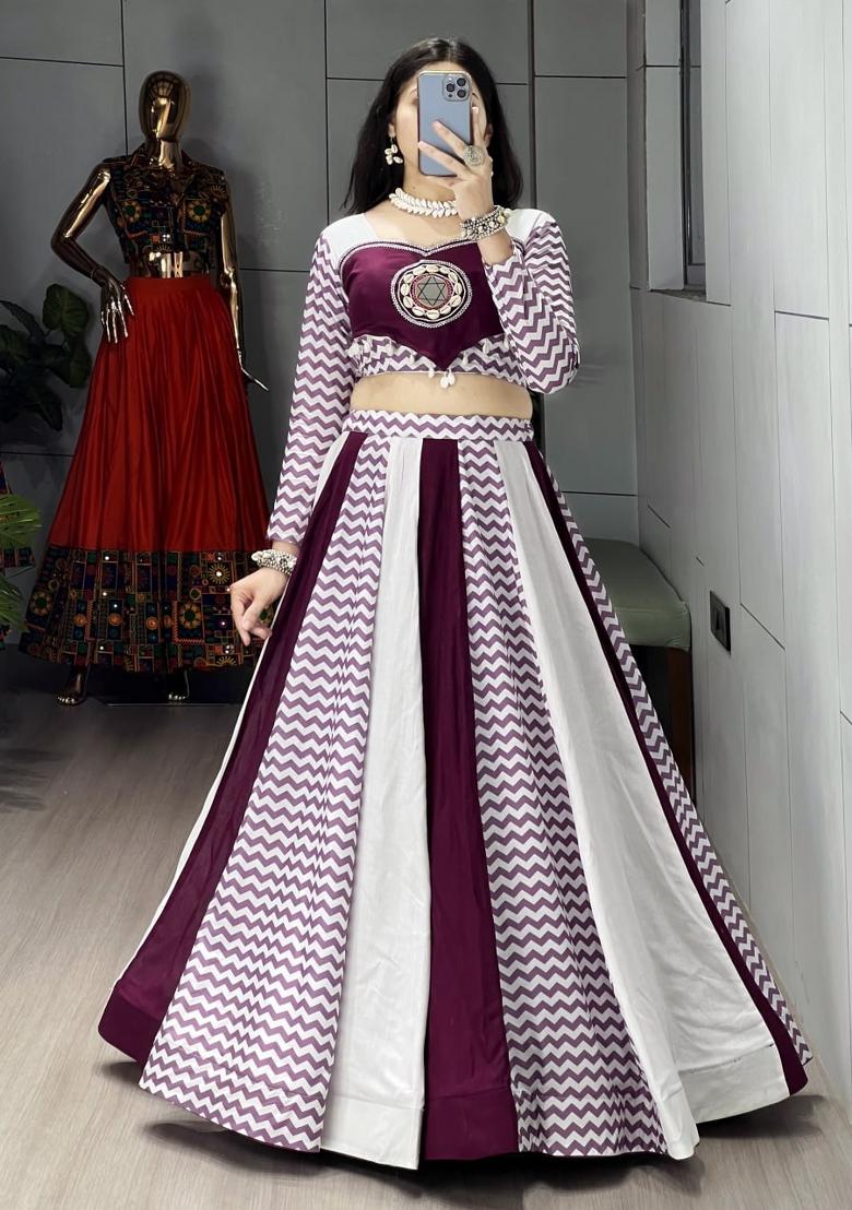 Wine And White Mirror Work Cotton Lehenga Set - Indya
