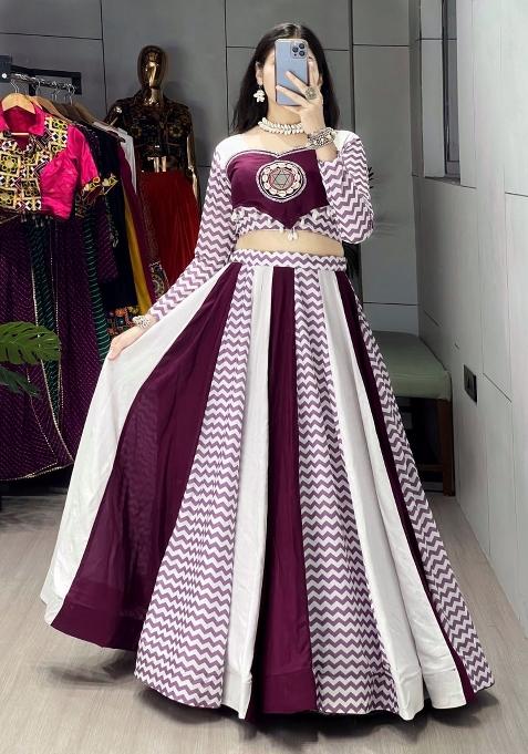 Wine And White Mirror Work Cotton Lehenga Set
