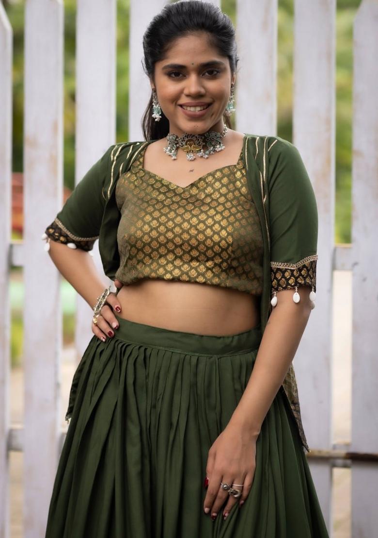 Mehendi Daaman Border Cotton Lehenga Set - Indya